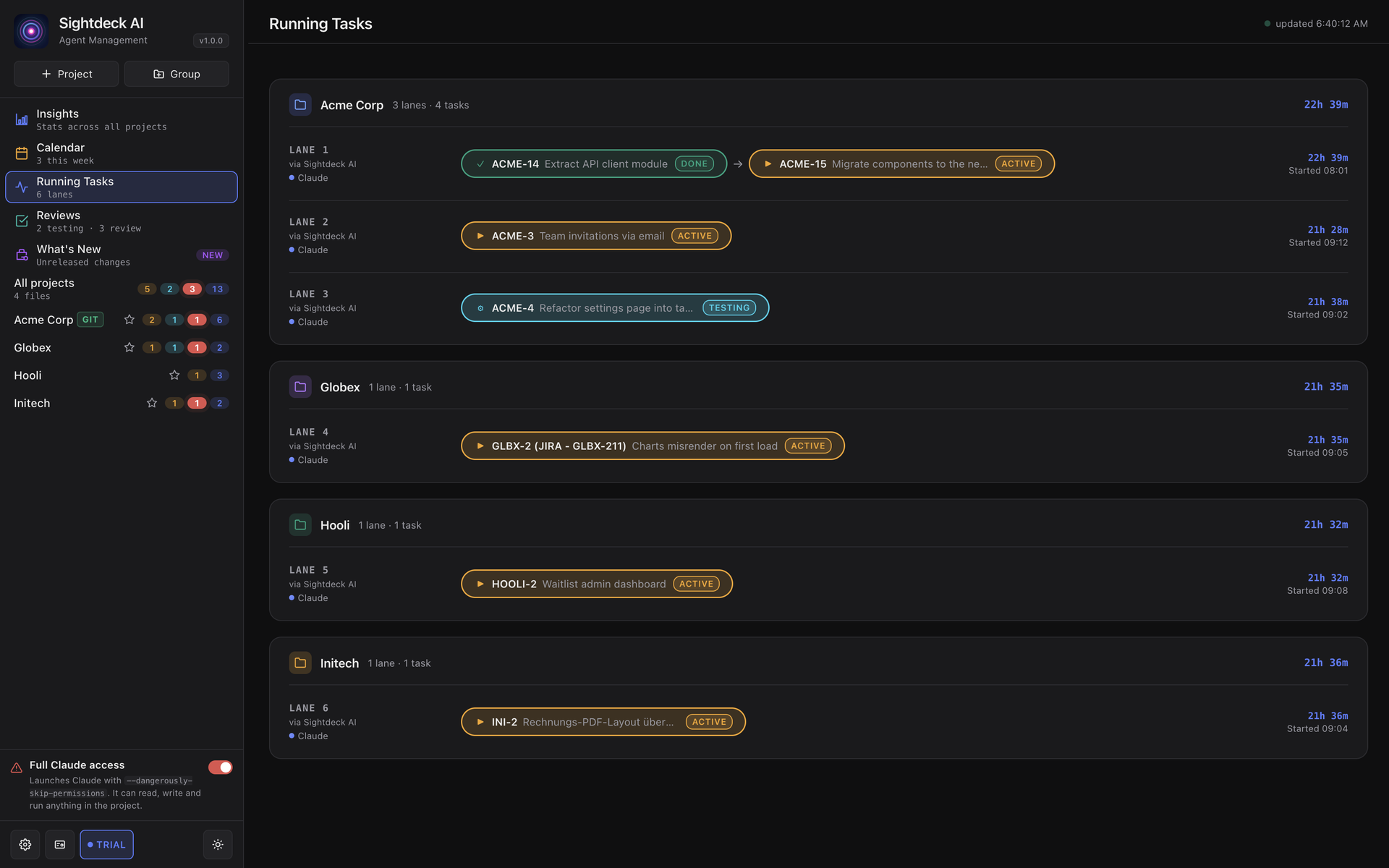 The Sightdeck AI desktop app showing the task board